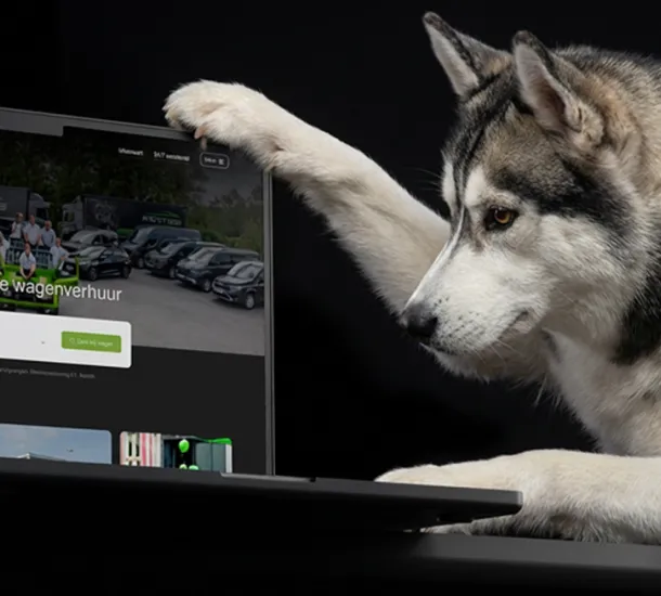 Mockup van nieuwe Renties website met beestige husky