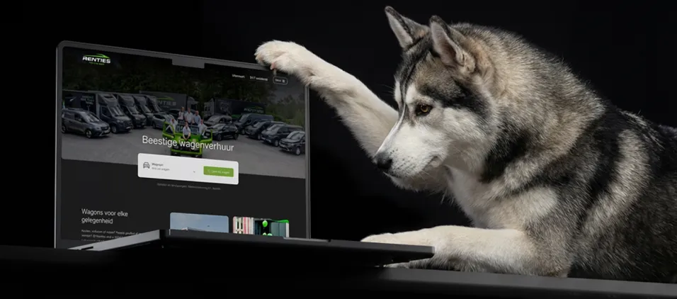 Mockup van nieuwe Renties website met beestige husky